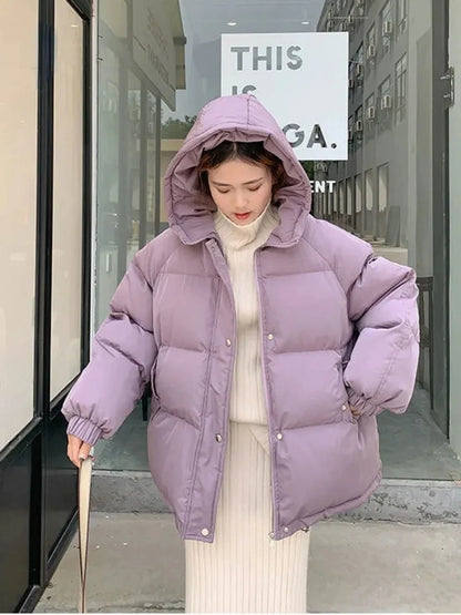 New 2023 Women Short Jacket Winter Thick Hooded Cotton Padded Coats Female Korean Loose Puffer Parkas Ladies Oversize Outwear