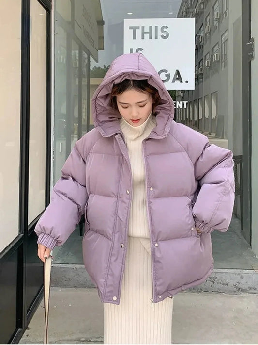 New 2023 Women Short Jacket Winter Thick Hooded Cotton Padded Coats Female Korean Loose Puffer Parkas Ladies Oversize Outwear