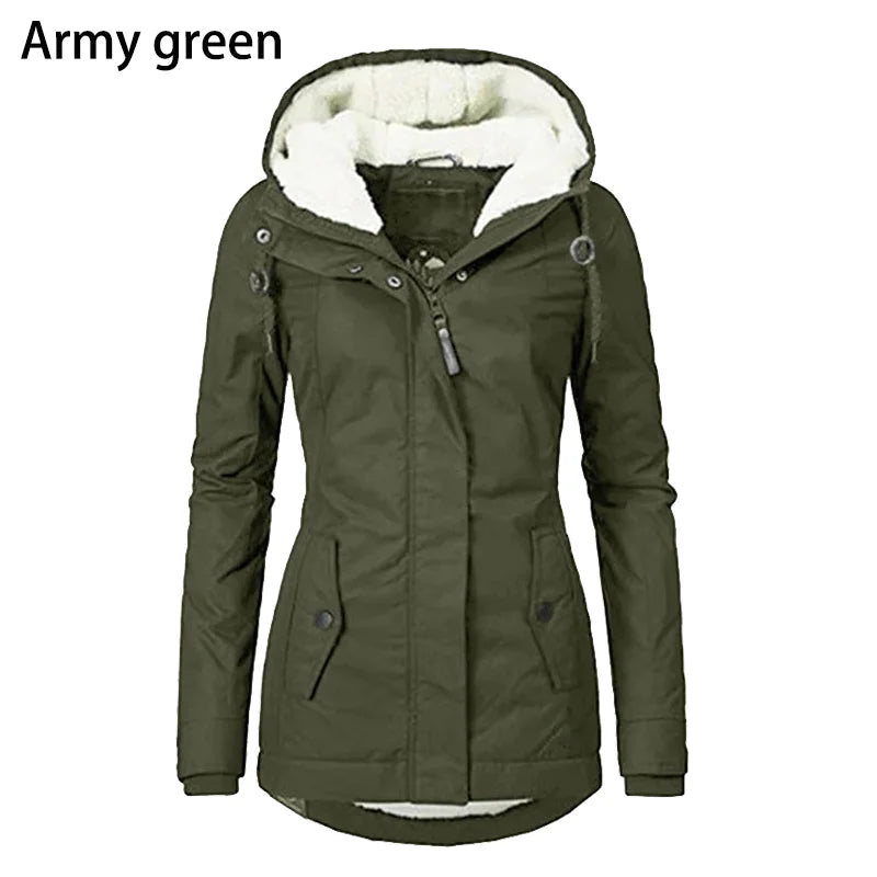 Fashion Women's Thickened Coat Warm Winter Solid Plush Thickened Long Jacket Outdoor Hiking Hooded Windproof Parka Coat