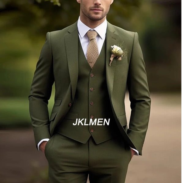 Army Green Business Suit Men Tuxedos Groom Groomsman Prom Wedding Party Formal 3 Piece Set Jacket Vest Pants