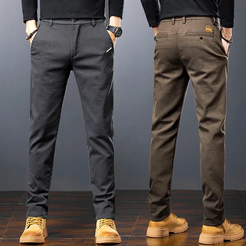 Men's Twill Slim Pants Business Straight Cotton Casual Trousers Brand Fashion Korean Elastic Coffee Black Gray Pant