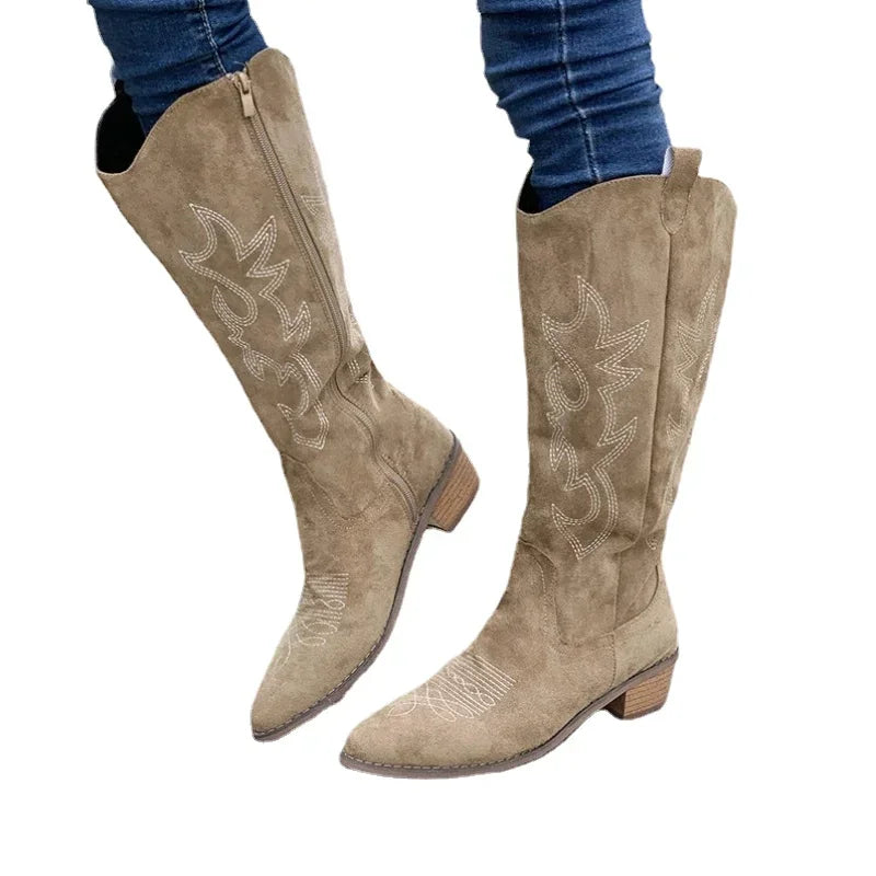 Embroidered Western Cowboy Boots for Women Autumn Pointed Toe Thick Heel High Knee Boots Woman Loose PU Leather Long Botas Mujer