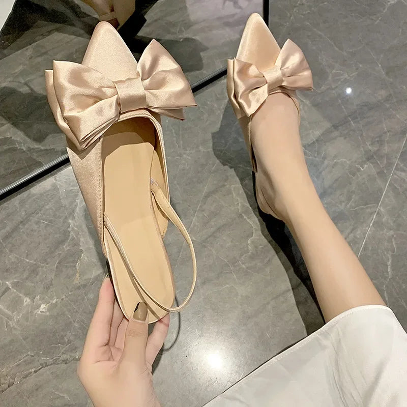 2024 Summer Women Baotou Sandals Fashion Bow-knot Low Heels Pumps Female Silk Sexy Pointed Sandalias De Mujer Women's Shoes