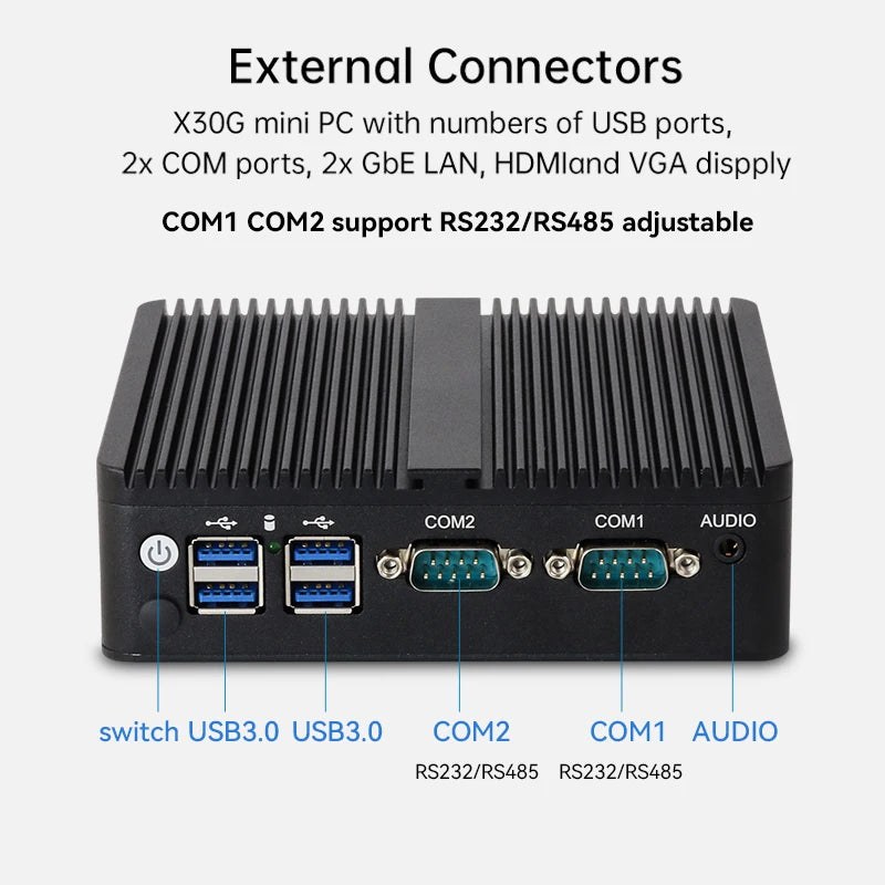 Fanless Mini PC 12th Gen Intel Celeron J6412 DDR4 M.2 SSD 2x GbE LAN RS232 RS485 Support WiFi 4G LTE Windows 10/11 Linux