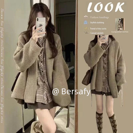 Autumn/winter Women's Knitted Cardigan Shirt Mini Dress Three-piece Set Soft Comfortable Korean Style New For 2023