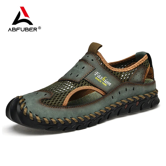 New Summer Sandals Breathable Men Shoes Leather & Mesh Outdoor Men Sandals Antiskid Beach Sandals Hollow Flats Footwear