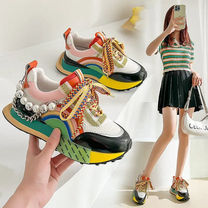 Women 5cm Genuine Leather Sneakers Lace Up Rainbow Colors Platform Pearls Chain Patchwork Fashion Girls Breathable Running Shoes