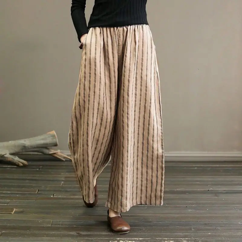 2024 New Spring and Summer Vintage Fashion Versatile Casual Loose Cotton and Hemp Stripe Nine Split Wide Leg Pants for Women