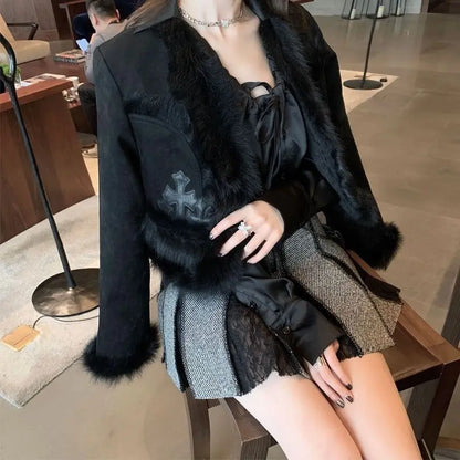 2024 New Spring Autumn Women PU Fur Jacket Long-Sleeved Woolen Edge Patch Woven Matte Wool Integrated Cotton Coat Thickened