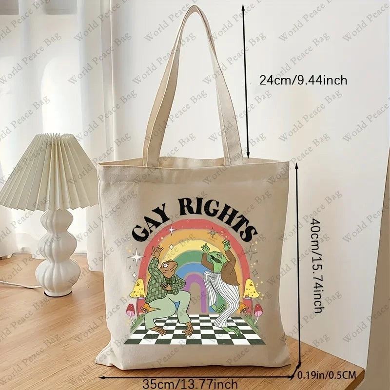 Frog & Toad Pattern Casual Canvas Tote Bag, Shopping Bag, Reusable Foldable Storage Tote Bag Handbag gay pride shoulder bag