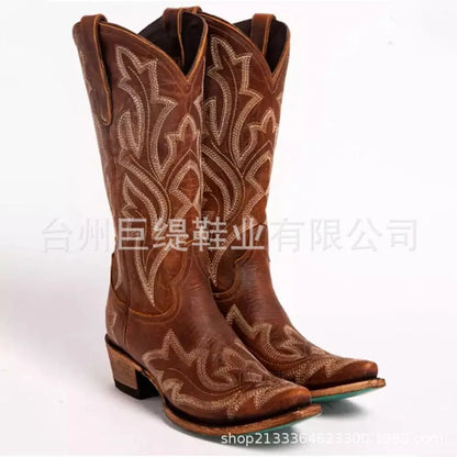 Autumn Winter Knee High Boots 2023 Big Size 43 Women Comfy Walking Female Western Cowboy Embroidery Boot For Shoes