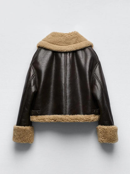 Ailegogo New Women Thick Warm Faux Leather Fur Jacket Autumn Winter Female Streetwear Moto Biker Zipper Coat Vintage Outwear