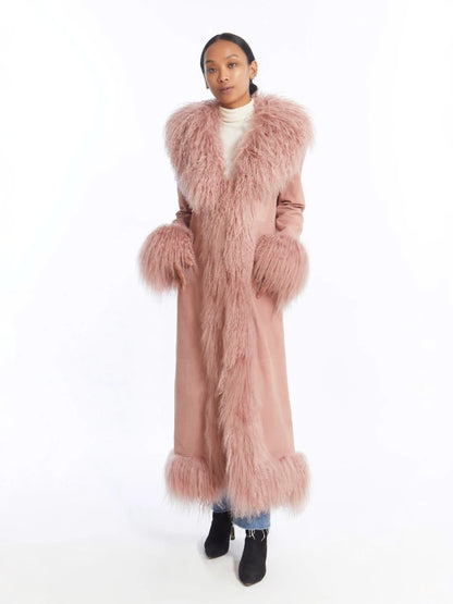 RR2813 Faux Mongolian Fur Trim Coats  Women Fully Cotton Lined Suede Maxi Winter Jackets Warm Faux Fur X-Long Coats Hook Closure