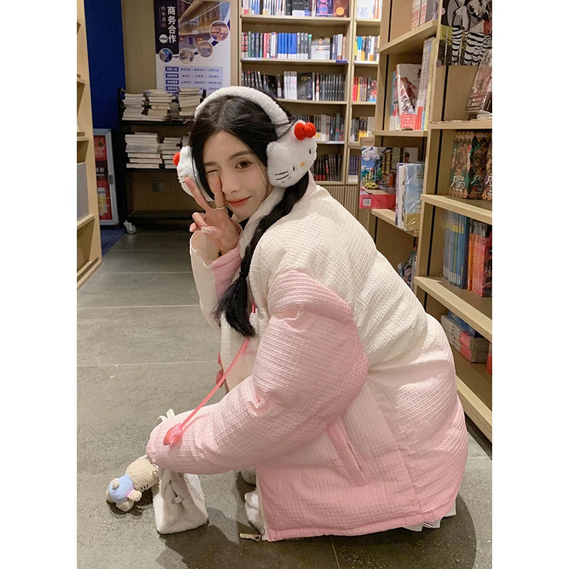 Autumn Winter Women Pink Down Jacket Korean Style Loose Cute Bunny Design Cotton-padded Coat Thick Warm Outerwear Female Y2K