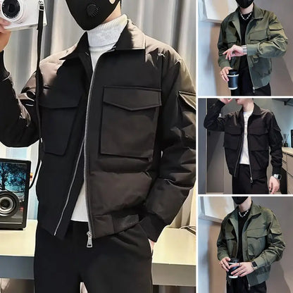 Zipper Jacket Men's Solid Color Zipper Closure Jacket with Lapel Buttons Multiple Pockets Casual Hip Hop Streetwear for Smooth