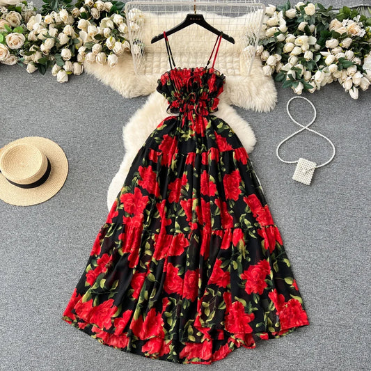 Chic Floral Print Pleated Slip Dress Elegant Korean Fashion Fairy Dresses High Waist A-line Vestidos Summer Women Beach Sundress