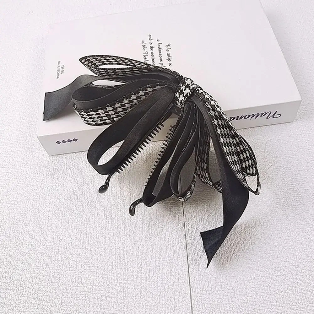 Ornament Cloth Resin Fashion Design Houndstooth Bow Banana Clip Women Hair Accessories Korean Style Hair Wear Vertical Clip