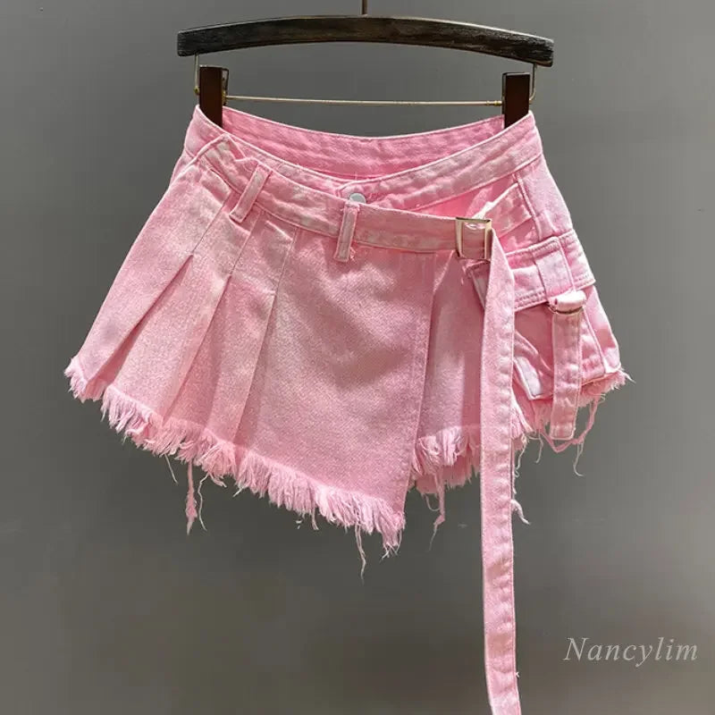 Irregular Pink Denim Skirt Women's Summer High Waist Slimming False Two-Piece A- Line Workwear Short Mini Skirts 2024