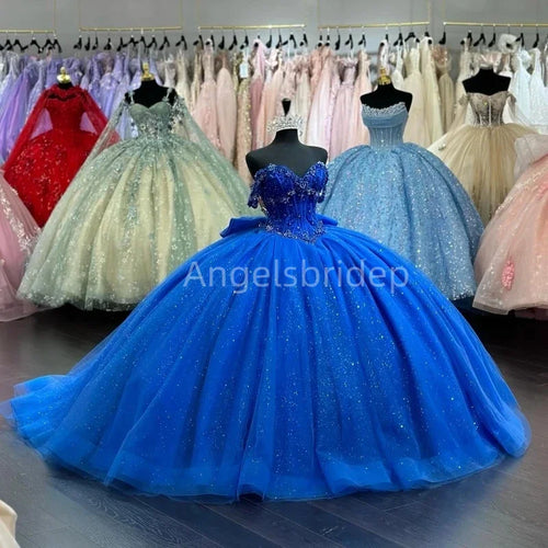 Angelsbridep Glitter Beading Royal Blue Ball Gown Quinceanera Dress With Big Bow Party Dresses Vestidos 15 Años Quinceañera