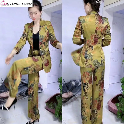 2023 Spring New Vintage Print Casual Jacket Wide Leg Pants Two-piece Elegant Women Pants Suit Office Manager Outfits