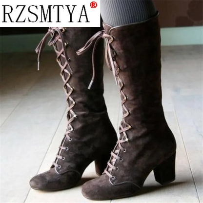 2020 Winter Women Boots Shoes Fashion Vintage Lace-up Boots Women Round Cowboy High Heels Booties Shoes Woman Botas Mujer A031