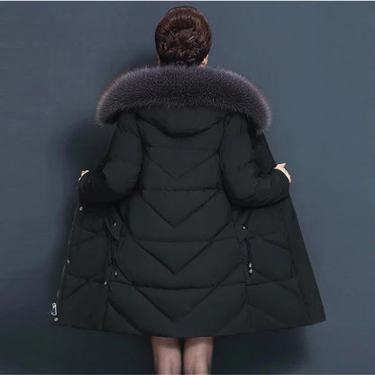 Solid Big Fur Collar Winter Jacket Women Hooded Thickened Cotton Warm Coats Lady Zipper Padded Jacket Mid-length Outwear Coats