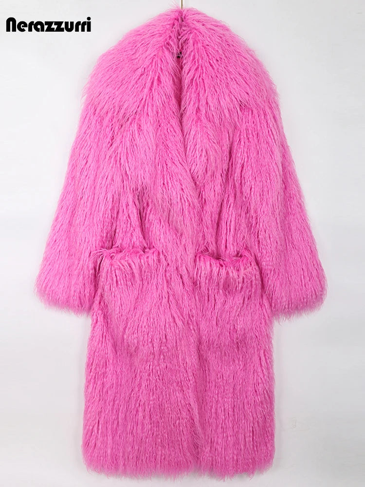 Nerazzurri Winter Long Bright Pink Oversized Shaggy Hairy Soft Fluffy Thick Warm Faux Fur Coat Women Lapel Runway Cute Fashion