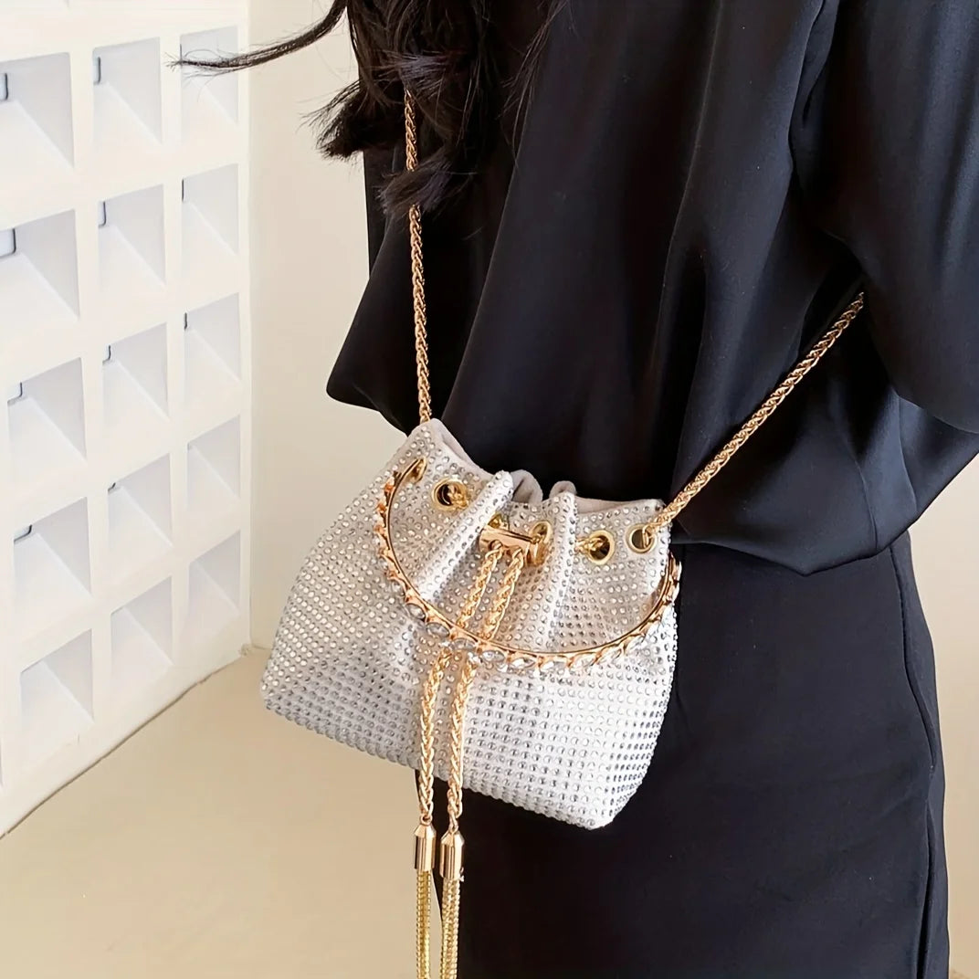 All Over Bright Rhinestone Bucket Bag, Drawstring Small Banquet Satchel Bag, Women's Luxury Dinner Shoulder Chain Bag