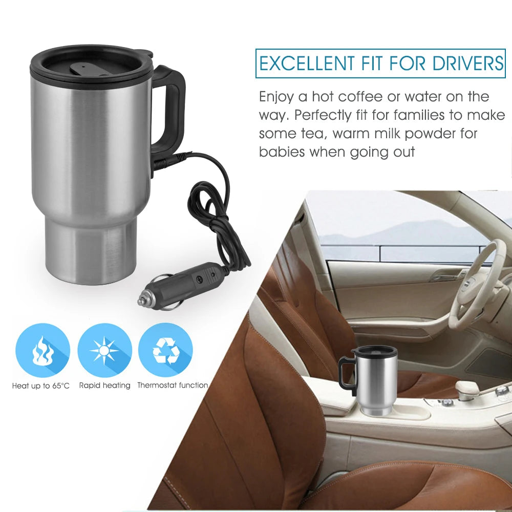 12V 450ml Electric Water Kettle Stainless Steel Car Heating Cup Coffee Tea Car Cup Mug Travel Water Coffee Milk Thermal Mug