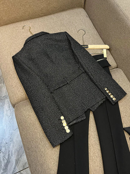 2023 Luxury Thicker Fabric Black Tweed Fabric Pocket Designing Vintage Women Slim Outerwear Blazer with Belt