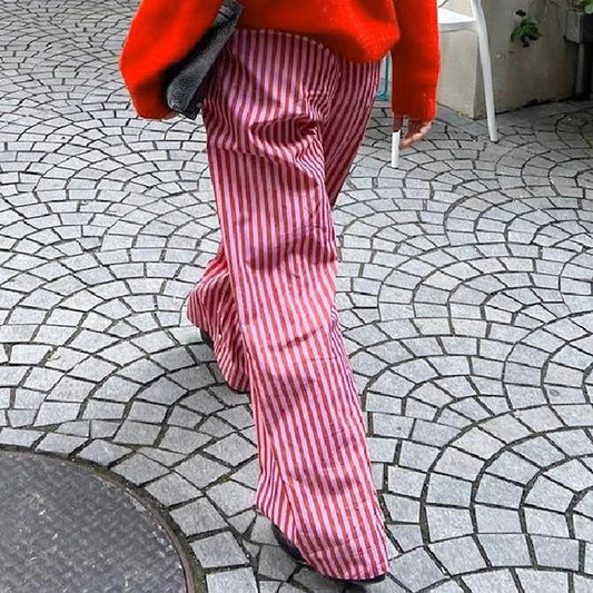 Lamuusaa y2kPants Women Clothes Solid Color/Striped Elastic Waist Wide Leg Loose Trousers with Buttons Decor 2000s Streetwear