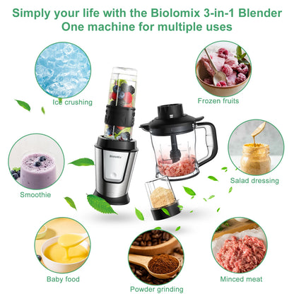 BioloMix 3-in-1 Multifunctional Food Processor 700W Portable Juicer Blender Personal Smoothie Mixer Food Chopper and Dry Grinder