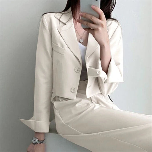 Cropped Suit Jacket Women Fashion Simple Long Sleeve Solid Elegant Korean Basic Outwear White Suit Blazer Button Tops