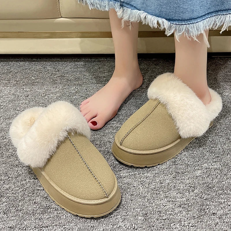 Women Thick Sole Faux Fur Slippers Winter Plush Warm Cotton Shoes Woman Indoor Outdoor Non Slip Fluffy Platform Slippers 2023