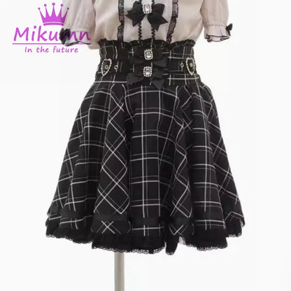 Mikumn Harajuku Lolita Style Sweet Bow Pearl Buckle High Waist Pleated Skirt Y2k Gothic Girls Japanese Kawaii A-line Mini Skirt