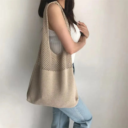 Female Simple Retro Cabas Solid Color Hollow Knitted Handbag Knitting Woolen Large Capacity Single Shoulder Bag