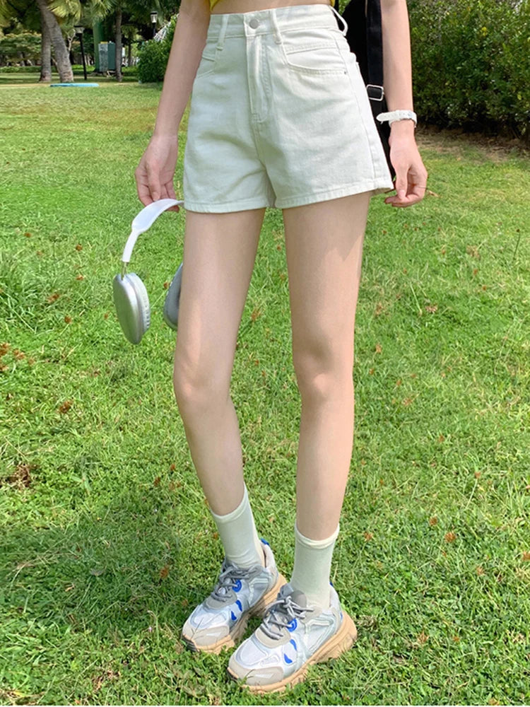 2024 Summer Female High Waist Korean Short Jeans Lady Fashion Casual Denim Pants Woman Blue Beige Pink Students Wide Leg Shorts