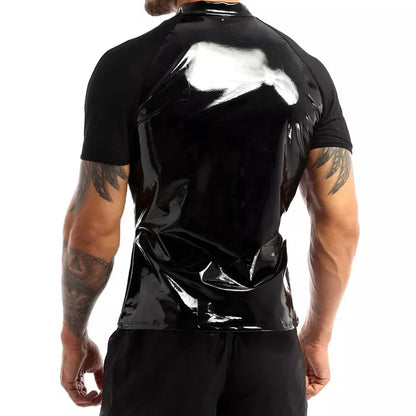 Men Shiny Shirt Wetlook Patent Leather Short Sleeves Summer Sexy T-shirt Sheer Mesh Zipper T-Shirts Tops Clubwear Casual Clothes