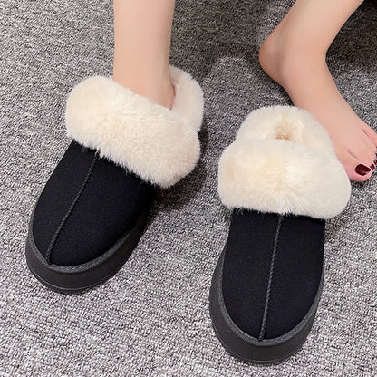 Women Thick Sole Faux Fur Slippers Winter Plush Warm Cotton Shoes Woman Indoor Outdoor Non Slip Fluffy Platform Slippers 2023