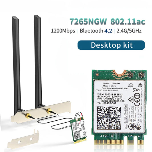 WiFi Adapter AC7265 1200Mbps Bluetooth 4.2 M.2 Desktop Kit Dual Band 2.4G 5G Wireless Card for PC Laptop