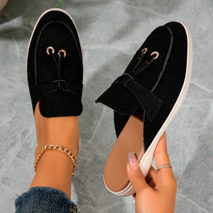 New Casual Flat Bottom Mules Lock Tassel Loafers Fashion Women Single Shoes Brand Metal Buckle Slipper Comfortable Slip on Shoes