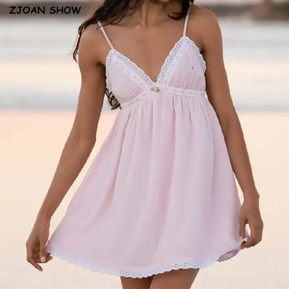 2023 Sexy Pink Spliced Embroidery Lace Deep V neck Mini Sling Dress Women Adjust Bow Ribbon Back Backless Party Robe Holiday