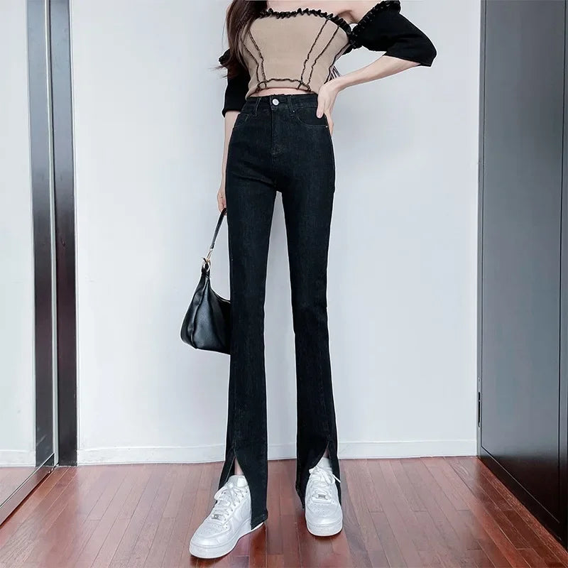 American Style High-waisted Slimming Jeans For Women Summer Side Slit Micro Flare Elasticity Slimming Dragging Long Pants