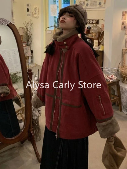 Winter Warm Red Lamb's Wool Coat Women Casual High Street Fashion Patchwork Parkas Female Vintage Thick Belt Design Outerwear