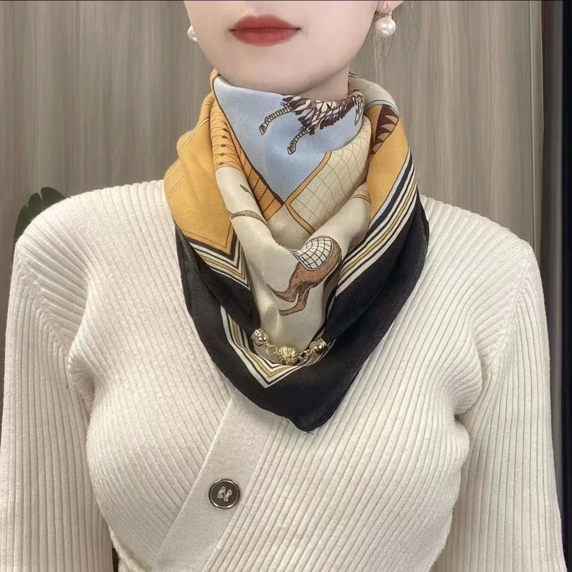 New Warm Square Scarf Magnetic Button Triangle Scarf Cotton Scarf Women's Spring, Autumn, and Winter Western style Neck Style Ve