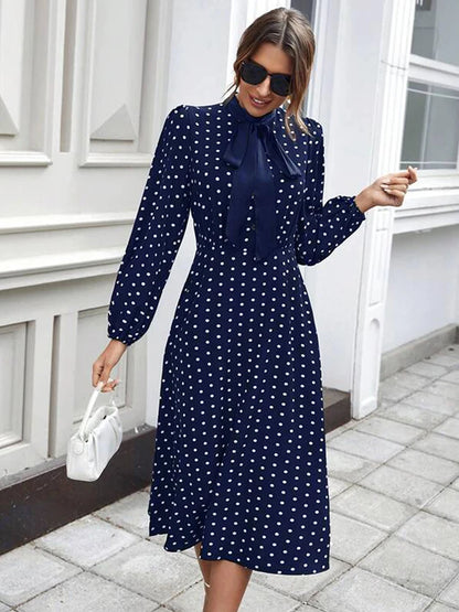 Women's Fashion French Full-body Polka Dot Print Tie Lantern Sleeve Small Stand Collar With Bow A Swing Dress