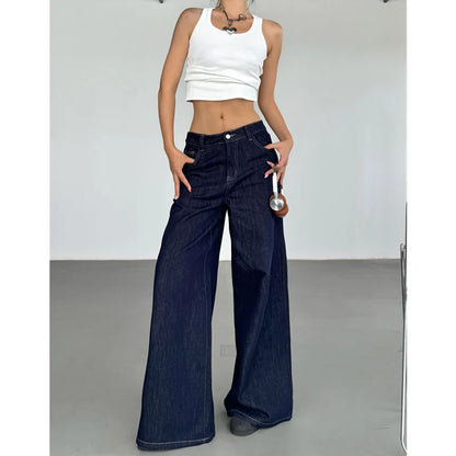 2024 Blue Women Jeans High Waist Vintage Straight Baggy Denim Pants Streetwear Y2K American Style Fashion Wide Leg Denim Trouser