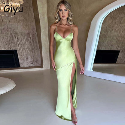 Giyu Sexy Satin Evening Night Club Party Dresses Women Summer Maxi Long Dress Backless Sleeveless Split Bodycon Gown Vestidos