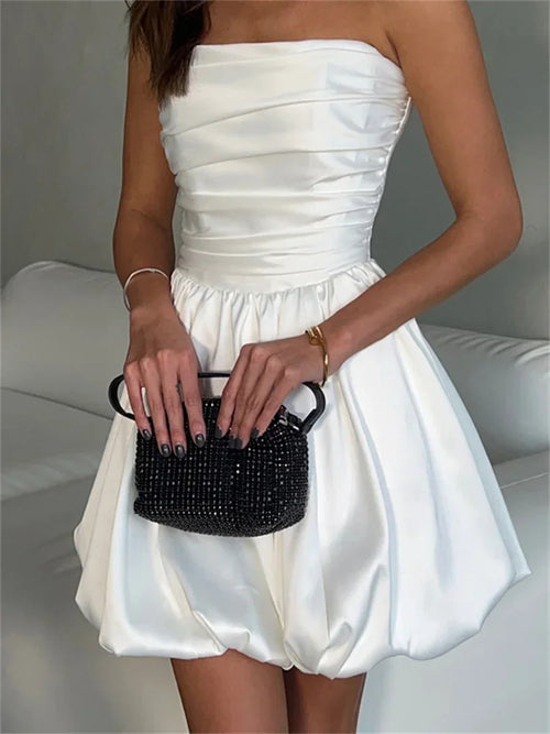 White Pleated Mini Dress For Women Bandeau Slim Patchwork Backless Elegant Fashion Dress Solid Female Party Dress 2024 New