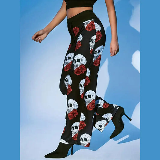 Y.KUKU Autumn Women Long Pants Brand Drawstring Loose Knitted Gothic Skull Printed Y2K High Waist Pants Trousers Female